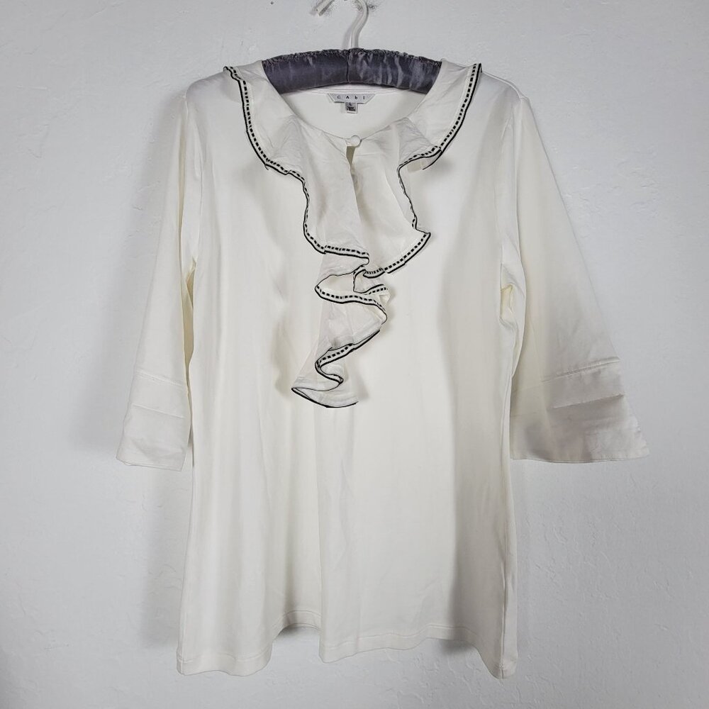 Cabi Womens 3/4 Sleeve Ruffle Front Blouse Top Large White Black Trim Stretch